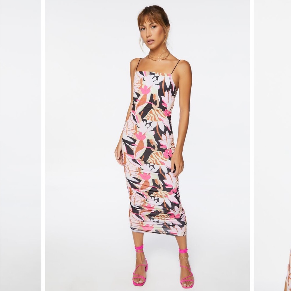 New tropical print ruched midi dress
